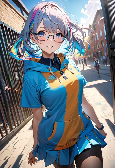 A transfer student walking gracefully through the school gate, Wacky uniforms, Beautiful skin texture, Take a big peek, asymmetrical hair, floating hair, hood, rimless eyewear, crystal hair, expressive hair, drop shadow, chromatic aberration abuse, silhoue...