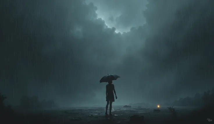 Create a dark, moody background image with a mix of stormy tones like deep grays, blues, and blacks. Feature a lone figure standing in the rain, symbolizing isolation and heartbreak, with heavy rain and storm clouds to evoke emotional chaos. Include a fain...