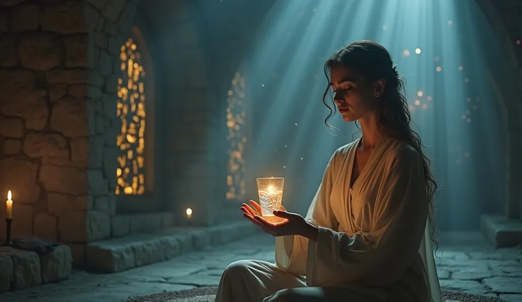 Cinematic film still of a person (gender-neutral, dressed in a flowing robe) seated in a dimly lit, sacred space, holding a small glass of water between their hands—one hand gently cradling the base, the other resting above, as if channeling energy. The pe...