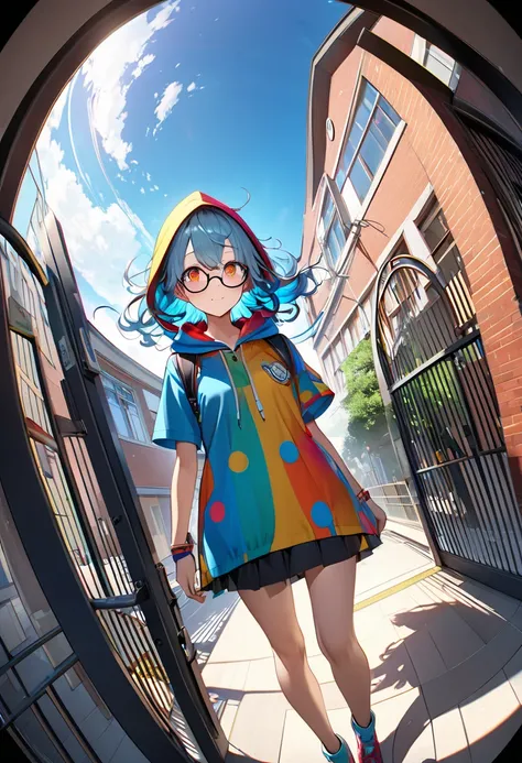 A transfer student walking gracefully through the school gate, Wacky uniforms , Beautiful skin texture, Take a big peek, Whimsical, asymmetrical hair, floating hair, hood, rimless eyewear, crystal hair, expressive hair, tareme, amber eyes, drop shadow, chr...