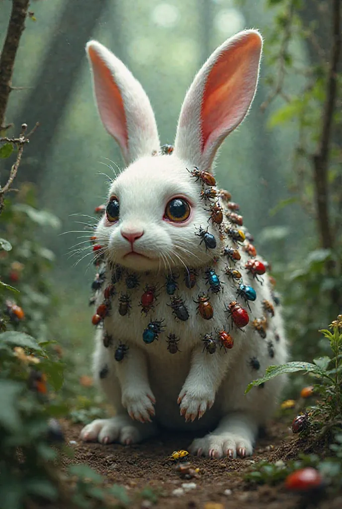 A white rabbit in jungle, his whole cover by many beetles and he is crying 