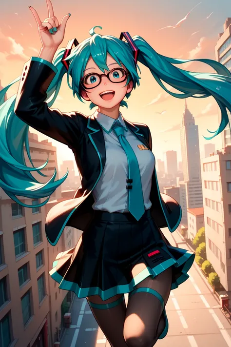 (best quality),(masterpiece),high resolution, detailed hair, detailed clothes ,  Alone , woman , Hatsune Miku ,  turquoise hair  , twin tails , happy smile ,  create a perfect body line  , Hot body , red 01 tattoo on one upper arm ,  exact finger , Light e...