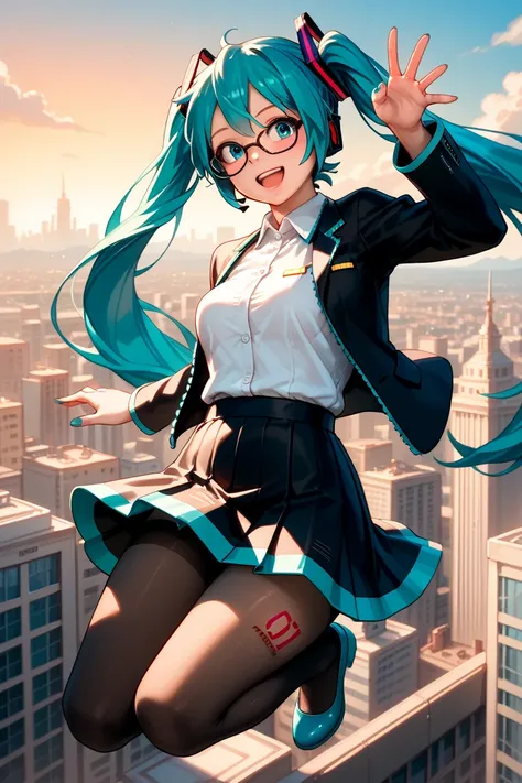 (best quality),(masterpiece),high resolution, detailed hair, detailed clothes ,  Alone , woman , Hatsune Miku ,  turquoise hair  , twin tails , happy smile ,  create a perfect body line  , Hot body , red 01 tattoo on one upper arm ,  exact finger , Light e...