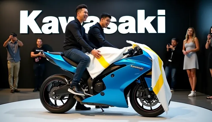 A captivating photo of the 2025 Kawasaki KX450 Street Glide unveiling in a sleek, modern showroom. The motorcycle, painted in a striking blue, boasts a streamlined design, with a white and yellow cloth playfully concealing its sleek form and showcasing the...