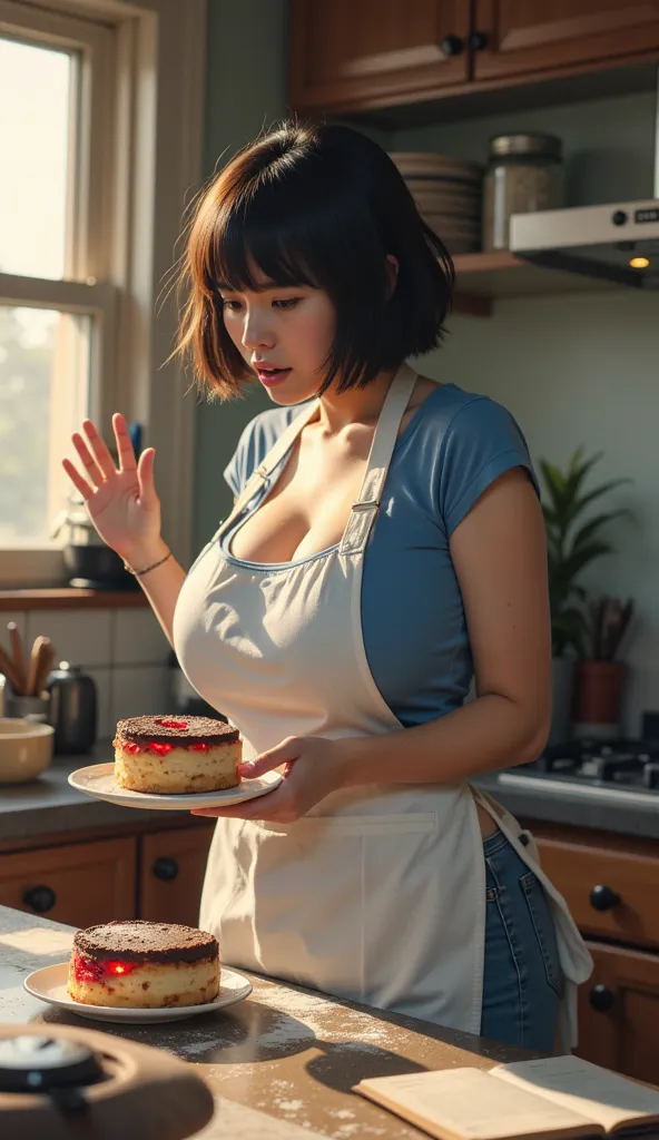 "Create a realistic and cinematic scene featuring Rina, a 28-year-old woman with short wavy black hair, wearing a slightly messy white apron over a blue t-shirt and jeans, standing in her cozy but chaotic kitchen. Rina is holding a burnt, failed cake on a ...