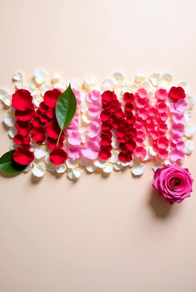 The image features the word MUNNI creatively formed from vibrant red and pink rose petals, arranged on a bed of soft white and pale pink petals. A lush green leaf is positioned near the letters, and a single pink rose with a gradient from light to deep pin...