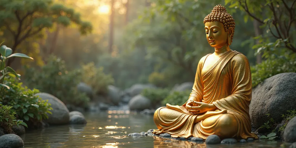 Golden Buddha Statue In Tranquil Garden Setting Meditation And Serenity Background