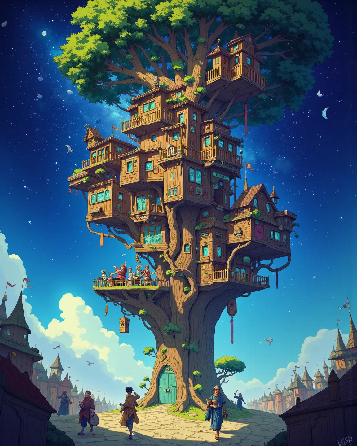 Gigantic treehouse, Treehouse is a magic school, treehouse is floating in space, treehouse is magical, lots of s playing on the treehouse, wonder and joy