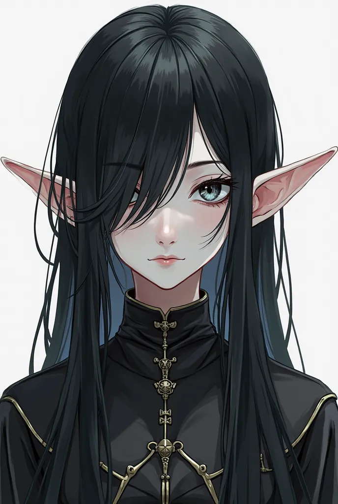 anime girl with long elf ears, with pale skin, The right eye is black, left eye white, with long black hair with bangs,  in medieval clothes, Without emotion , on a white background in full growth