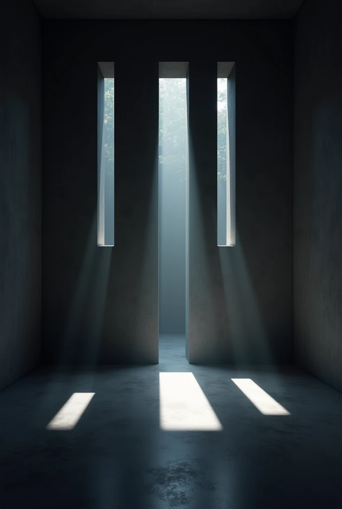 dark room,walls with multiple slits for light,light focused in the center, architecture, light not coming from ceiling, multiple light sources, light coming from more angles than one, light coming only from side walls