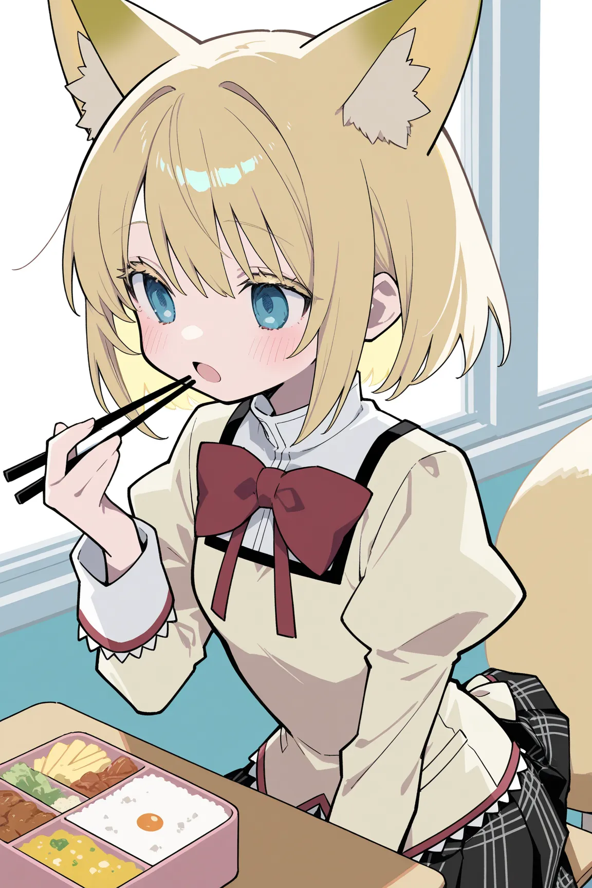 1girl, solo, medium blonde hair, azure eyes, clear and detailed eyes, long eyelash, fox ears, (blush:1.3), no nose, open mouth, mitakihara school uniform, puffy sleeves, lace trim, red bowtie, pleated skirt, plaid skirt, BREAK, fox tail, sitting on school ...