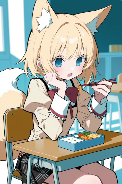 1girl, solo, medium blonde hair, azure eyes, clear and detailed eyes, long eyelash, fox ears, (blush:1.3), no nose, open mouth, mitakihara school uniform, puffy sleeves, lace trim, red bowtie, pleated skirt, plaid skirt, BREAK, fox tail, sitting on school ...