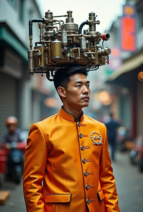 A man wearing a Thai suit uses a gas boiler on his head/Oil Filled Oil Boiler