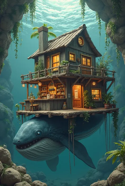 In a whale there is a floating country house with reggae decoration , On one side a bar for preparing liquors and a smoking area