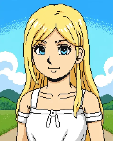 pixel character, pixel_art character, woman, looking at viewer, smile, blue eyes, blond hair, long hair, beautiful, summer clothes, blue sky and white clouds, outdoors, landscape,  (masterpiece, best quality:1.2) 