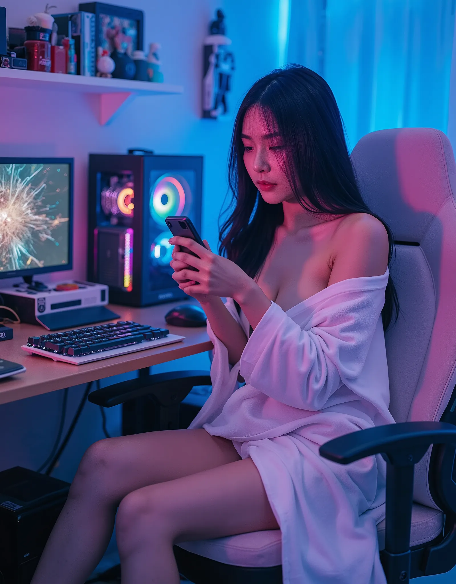 A young Asian woman with long, straight black hair is chilling in a modern gaming chair with light pink cushions. She's got a slim figure, large breasts and is wrapped in a white towel that covers her chest and arms, leaving her shoulders and part of her b...