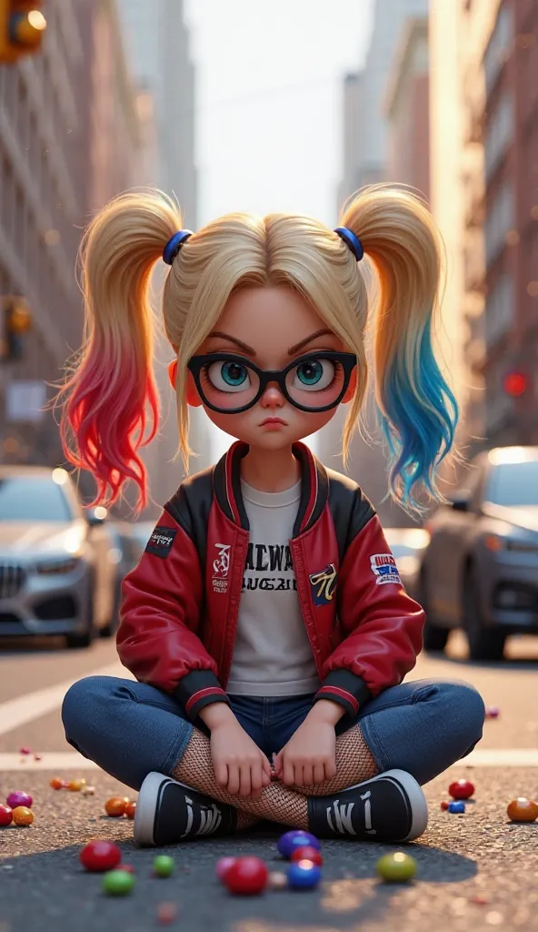 *"A highly detailed and realistic 3D cartoon-style digital artwork featuring a young girl with a Harley Quinn-inspired look sitting on the street alongside Spider-Man. The girl has blonde hair styled into two high pigtails, with one side dyed red and the o...