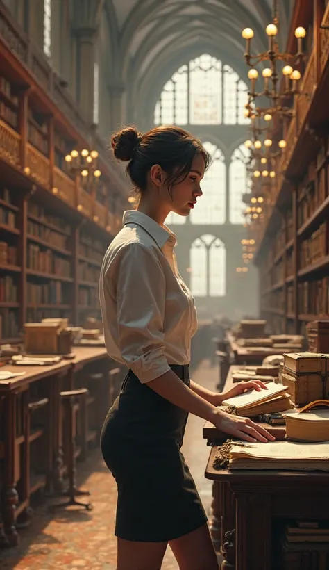 A young woman archivist in a library 