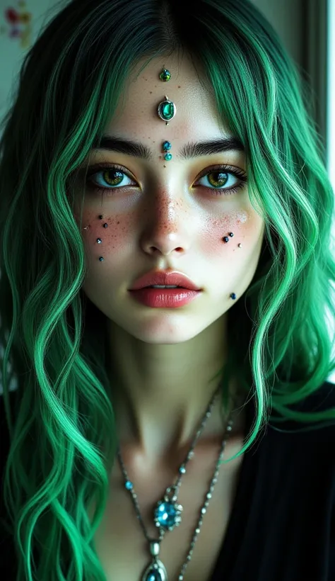 Create image A captivating woman with white skin speckled with precious stones, contrasting with her long green hair. Your black lips, fleshy and shiny , carry an ominous touch. Her eyes are brightly green, adorned with various piercings on her nose and ea...