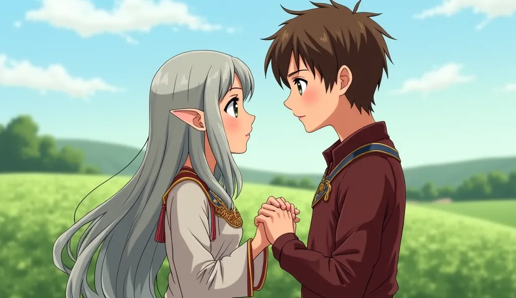 in realistic anime style, an woman elf with silver long hair and a human man with brown hair holding hands, look at each other passionately. simple medieval clothing on both. landscape of green fields in the background.