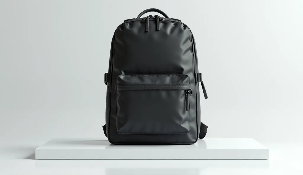 A large black backpack sits on a high-tech white table.