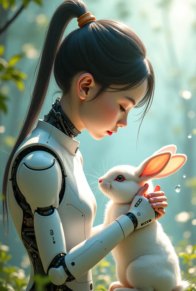 A beautiful human robotic combination Korean girl washing rabbit by spray 