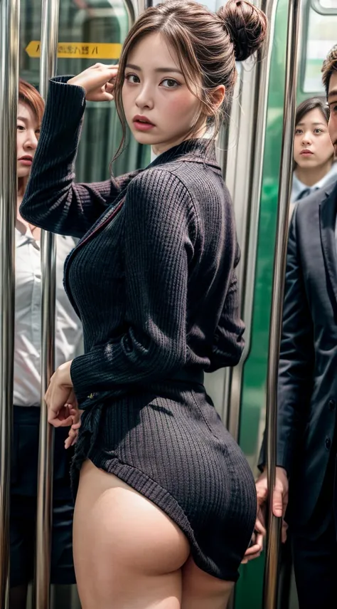 (( a woman's butt was touched on the train))、日本people女性、(office lady、OL、business suit)、( skirt twisted )、 dark-haired、Long hair bun hairstyle、a beauty girl１people、people間３people、(((Being sexually abused)))、((miniskirt))、((business suit))、Pale skin、 cute、is...