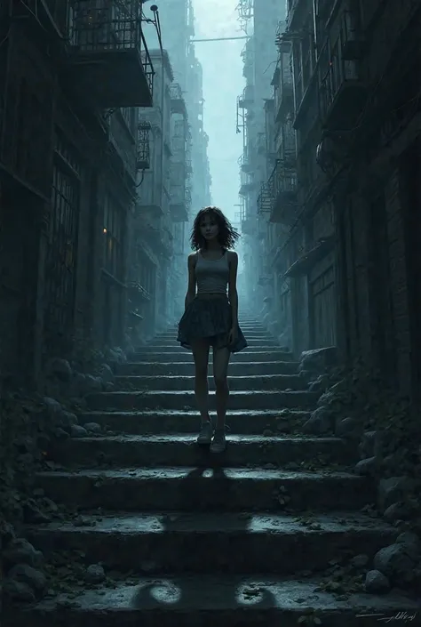 I want a picture that shows steps towards the unknown and a girl walking towards the unknown in a dark city, but the picture of the girl is clear and her features are clear  