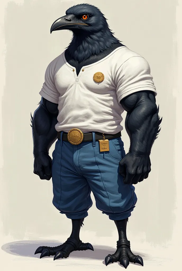 A muscular crow wearing a white short-sleeved shirt ,  blue pants  , black shoes. And a circular label