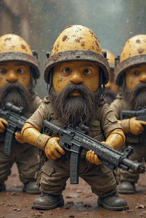 Dirty Potato soldiers squad wearing pubg helmet with dark brown beard with different guns in minions style characters