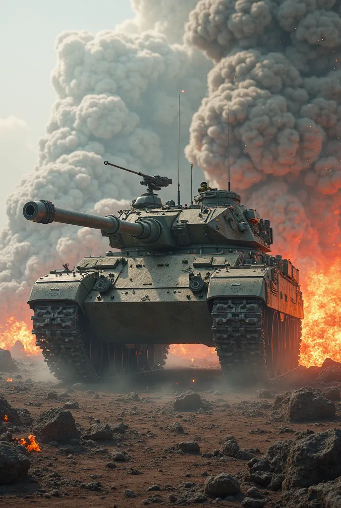 A tank on a battlefield, fumaroles, explosion.