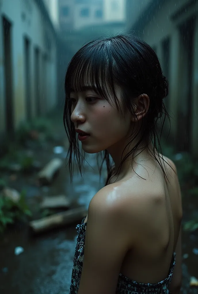 It's raining heavily in the city。,wet,Dripping,wet face, wet clothes,wet skin,wet hair,one girl,A girl with a cute face like a Japanese idol,no makeup,in the ruins,SMALLE BREASTS,(Black Hair Pixie Cut:1.2),( uncut bangs),Immerse yourself in a world of dark...