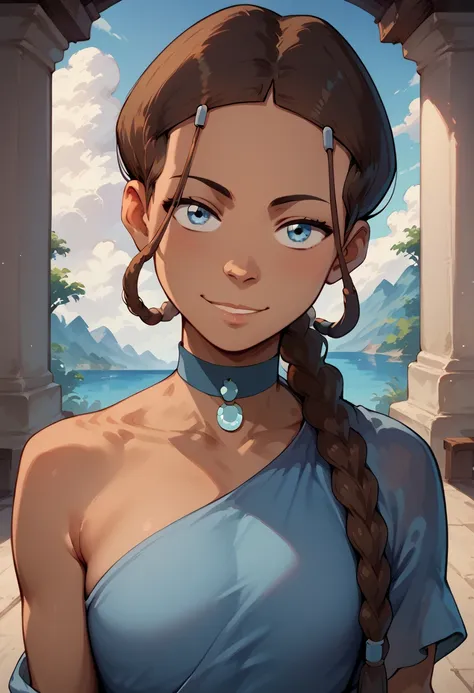 score_9, score_8_up, source_cartoon, flat color, 

1girl, katara, brown hair, blue eyes, dark skin, 
braid, blue choker, jewelry, 

blue dress, 

looking at viewer, seductive smile, narrowed eyes, head tilt, 
braided ponytail, hair over shoulder, 