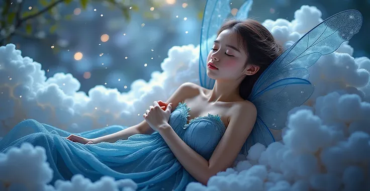 arafed image of a  laying on a cloud with a fairy wings, lie on white clouds fairyland, tinkerbell, very magical and dreamy, adorable digital painting, sleeping princess!!!!, beautiful fairies, beautiful fairy, sweet dreams, beautiful fairie, fairies have ...