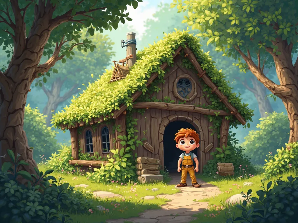 The final house – a small but strong structure made of leaves, twigs, and other natural materials. Timmy is standing proudly in front of it.