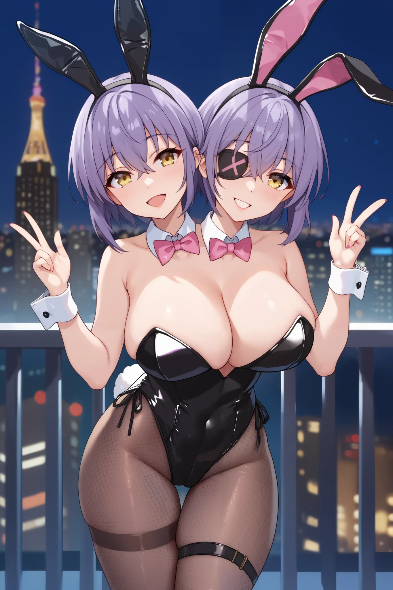 2heads, twoheads, a tall thin woman with 2 heads, conjoined, jelotnusu, purple hair, hair between eyes, short hair, yellow eyes, headgear, eyepatch, playboy bunny, black leotard, strapless leotard, clothing cutout, detached collar, pink bowtie, wrist cuffs...