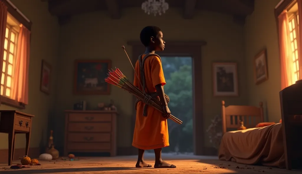 African young man, 30 years old, wearing traditional, orange clothes, is in his room, in a dilapidated house, at midnight, carrying an arrow bag on his back, with his back to the camera, Pixar 3D animation style