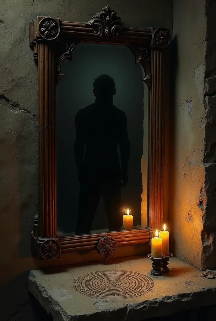 An old and worn mirror, framed by dark wood and ornamental details, hangs on a stone wall in a dark and gloomy environment.  In the mirror reflection , instead of a clear image, there is a diffuse human silhouette, almost like a shadow, representing intros...