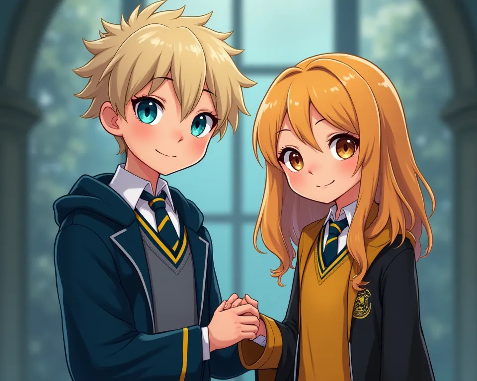 A platinum blonde boy with sea blue eyes and a handsome young face wearing ravenclaw uniform and a cute girl with brown eyes and honey blonde hair wearing Hufflepuff uniform holding hands, anemic art style