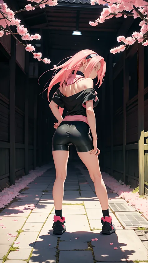 the masterpiece， Best quality at best， 1 girl， Sakura Haruno， big ，Off-the-shoulder clothing，（split)，Grew, to be sexy，shy，fear，with pink hair， long pink hair， （green eyes:1.4)， Forehead Protection， cherry trees，flying cherry blossoms,Perfect round butt,beh...