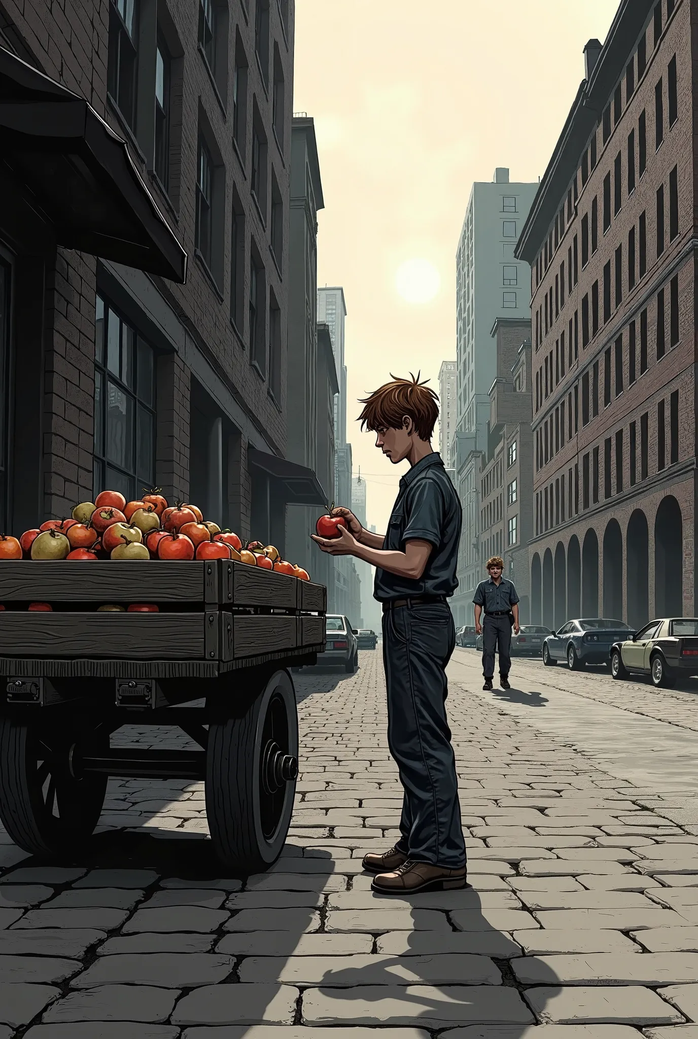 A dark, nostalgic daytime scene on a Chicago dock, summer of 1940. A lean, awkward young man, Danny Walsh, , with disheveled brown hair, worn-out clothes, and a cautious expression, discreetly attempts to steal an apple from a wooden cart loaded with fruit...