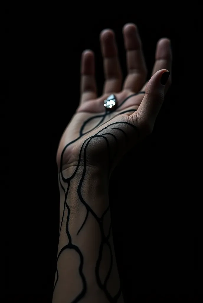 "Dark background with a focus on a hand adorned with intricate, flowing black skin markings. The markings wrap around the wrist in elegant, curved lines, resembling an arm bracelet. At the center of the wrist, a teardrop-shaped diamond is seamlessly embedd...