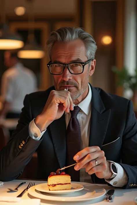 A tall and brown man with quiet features wearing glasses is eating a Sansebastian cake in one of the fine restaurants in Milan 