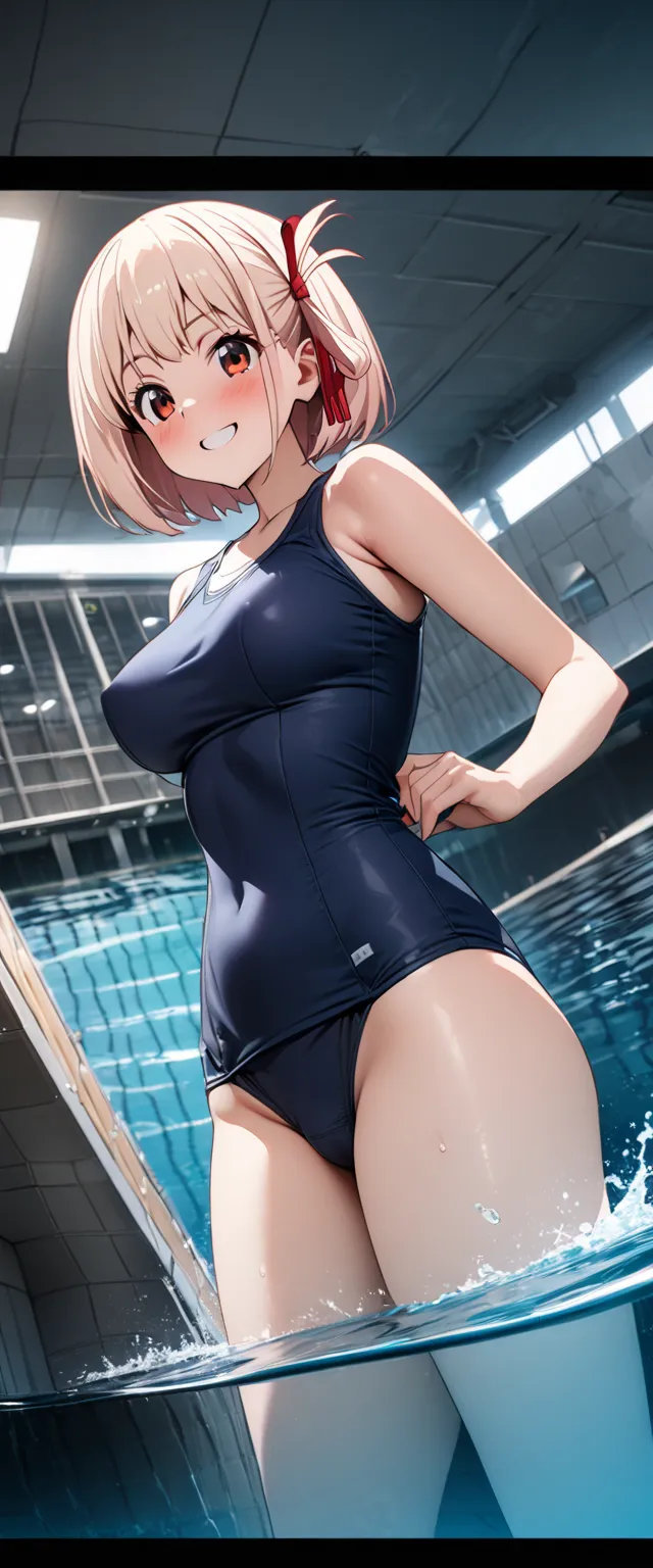 (beautiful girl : 1.3),1 girl,(chisato nishikigi),( dark blue school swimsuit,pubic hair),smile,blush, is embarrassing,Indoor swimming pool, taken from below,masterpiece,Best Quality,Ultra High Resolution,rich contrasts,high image quality,8k,High Definitio...