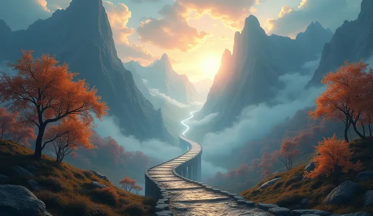 a scene with the sun hiding between the clouds, with rocky mountains, colorful trees and a staircase to a dimensional portal