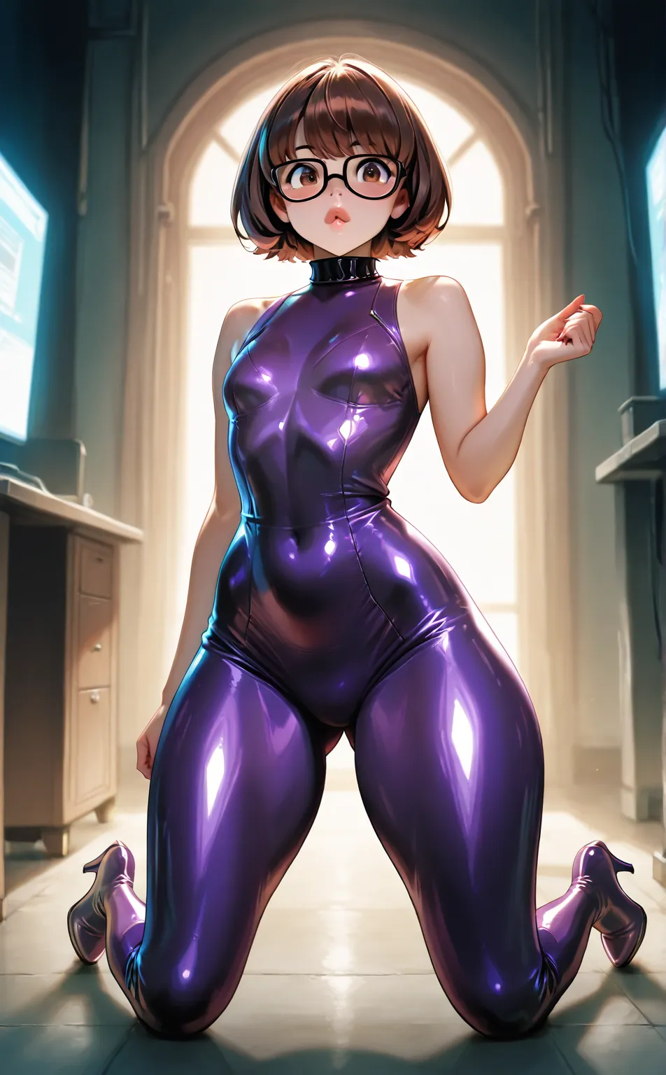 Velma Not suitable for work , a girl ,Alone  ,cute girl , short brown hair ,eyeglasses, big lips ,brown eyes,small breasts , huge thighs , small waist ,  Purple latex suit , sleeveless suit two-piece suit,   thigh-high heel boots   , high definition ,  big...