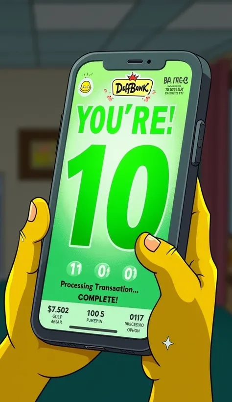 A close-up shot of a cartoonish smartphone screen in the exaggerated, satirical style of The Simpsons. The phone’s display shows a bank account app, where the balance is increasing rapidly after a successful gold sale. Large, bold green numbers keep climbi...