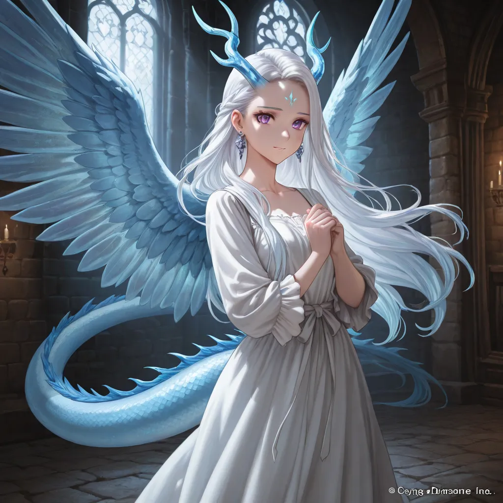 dragon wings, Ice Wings, tail across the dress, Blue tail and draconic, white hair, purple eyes, White dress,  A Girl, long hair, ice horn, ice sickle, medieval, dark-style,