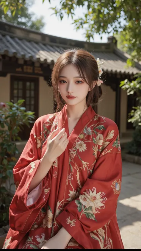 A beautiful woman in a traditional red and gold Chinese qipao, standing in an ancient Chinese courtyard, delicate embroidery, golden sunlight, elegant and graceful, ultra-HD