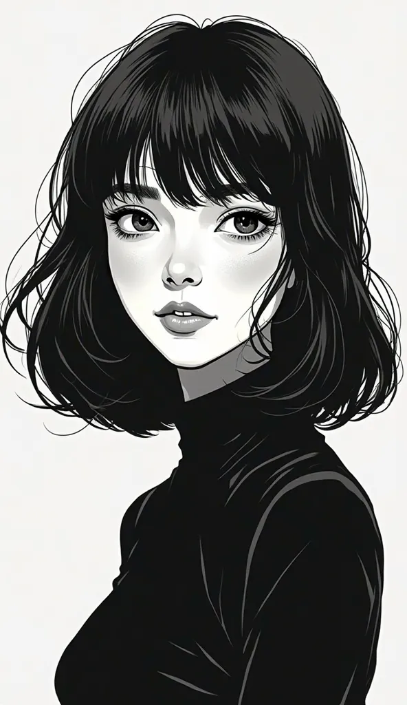 Retro manga art style, latino girl midshot, black dark long hair, wears black turtle neck, zen, black and white, colorless,